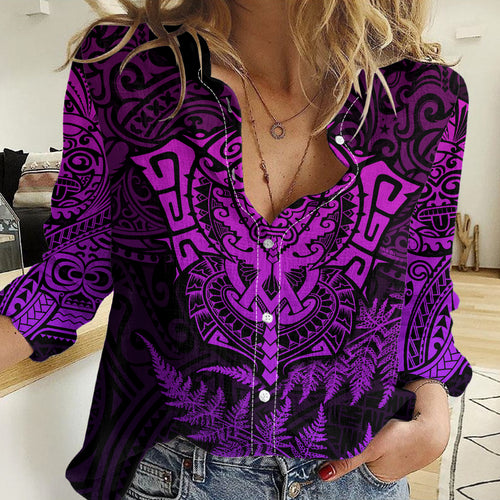 Personalised New Zealand Rugby Women Casual Shirt Silver Fern All Black Mix Ta Moko Purple Style LT9
