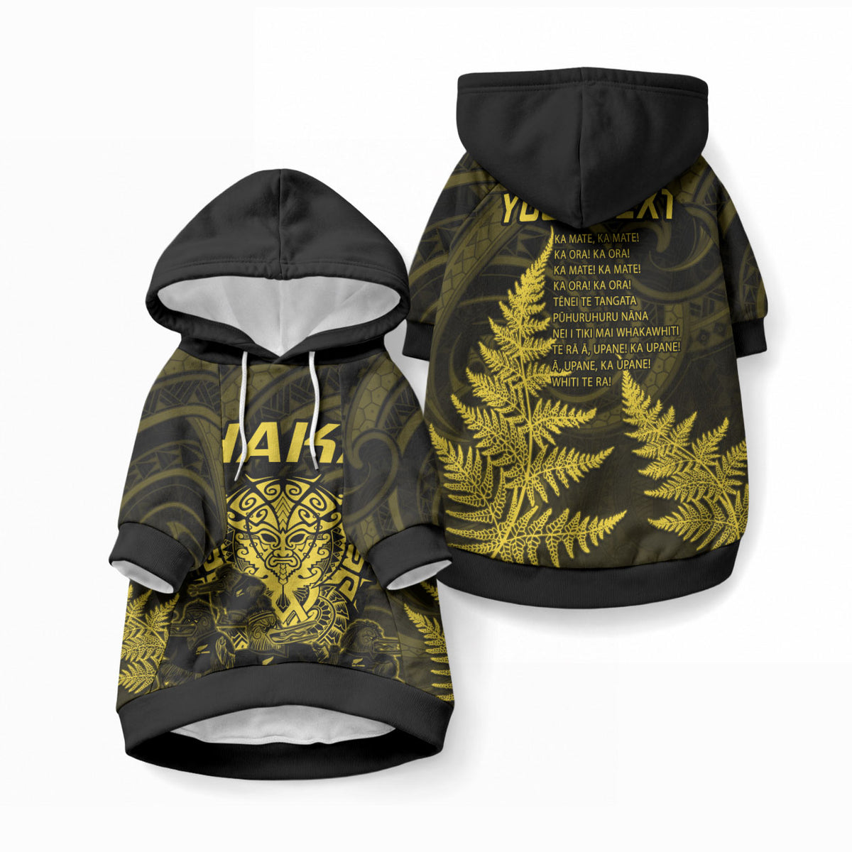 Personalised New Zealand Maori Rugby Pet Hoodie Aotearoa Ka Mate Haka All Black Mix Ta Moko Gold Style