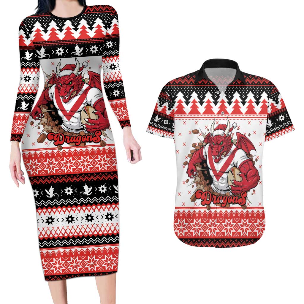 Illawarra Dragons Fire Personalised Couples Matching Long Sleeve Bodycon Dress and Hawaiian Shirt Christmas Rugby League Spirit - Aussie Hoodie