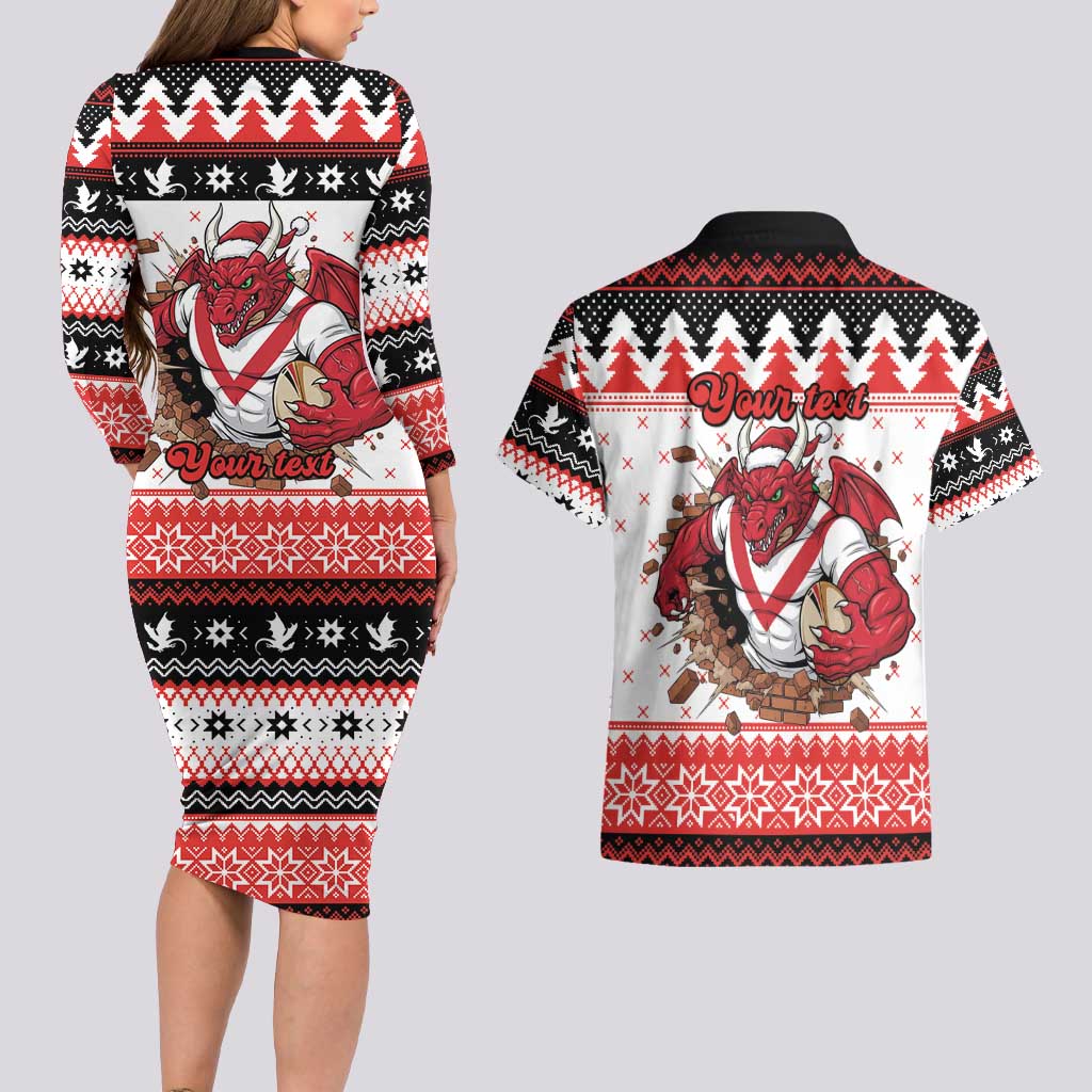 Illawarra Dragons Fire Personalised Couples Matching Long Sleeve Bodycon Dress and Hawaiian Shirt Christmas Rugby League Spirit - Aussie Hoodie