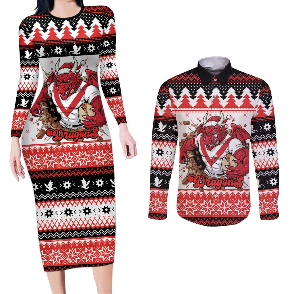Illawarra Dragons Fire Personalised Couples Matching Long Sleeve Bodycon Dress and Long Sleeve Button Shirt Christmas Rugby League Spirit - Aussie Hoodie