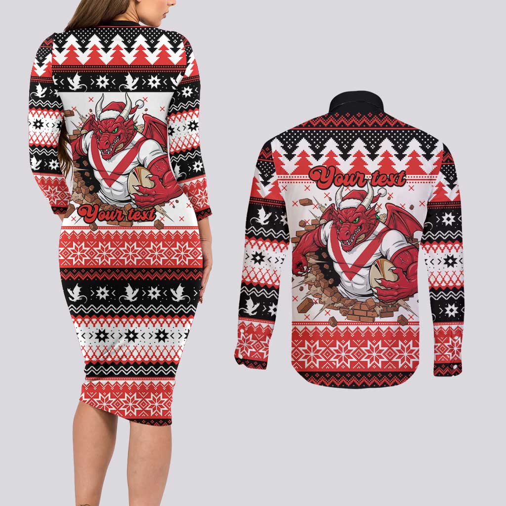 Illawarra Dragons Fire Personalised Couples Matching Long Sleeve Bodycon Dress and Long Sleeve Button Shirt Christmas Rugby League Spirit - Aussie Hoodie