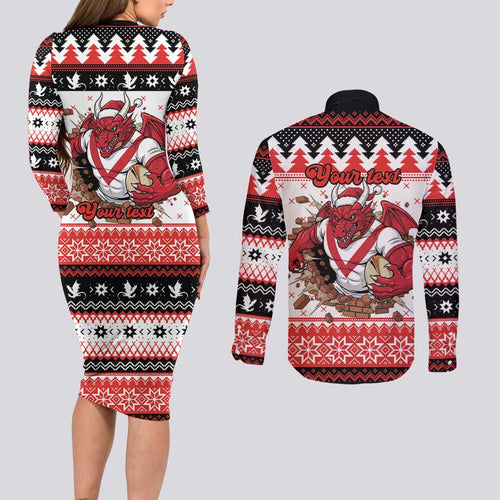 Illawarra Dragons Fire Personalised Couples Matching Long Sleeve Bodycon Dress and Long Sleeve Button Shirt Christmas Rugby League Spirit - Aussie Hoodie