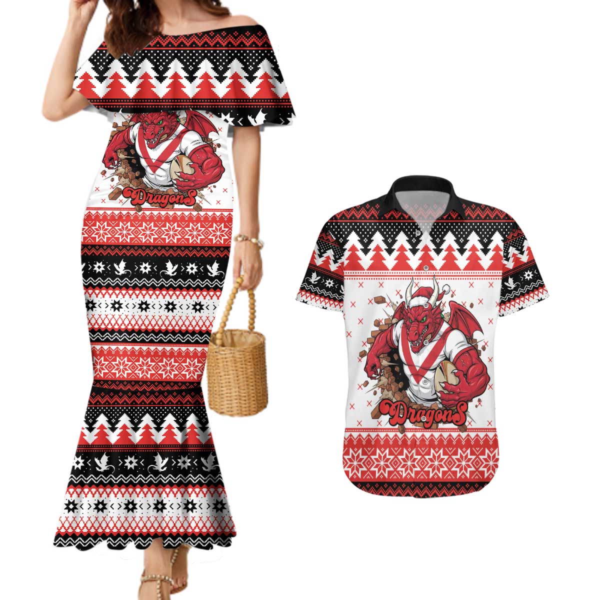 Illawarra Dragons Fire Personalised Couples Matching Mermaid Dress and Hawaiian Shirt Christmas Rugby League Spirit - Aussie Hoodie