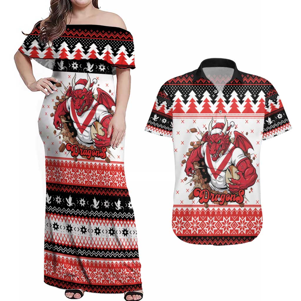 Illawarra Dragons Fire Personalised Couples Matching Off Shoulder Maxi Dress and Hawaiian Shirt Christmas Rugby League Spirit - Aussie Hoodie