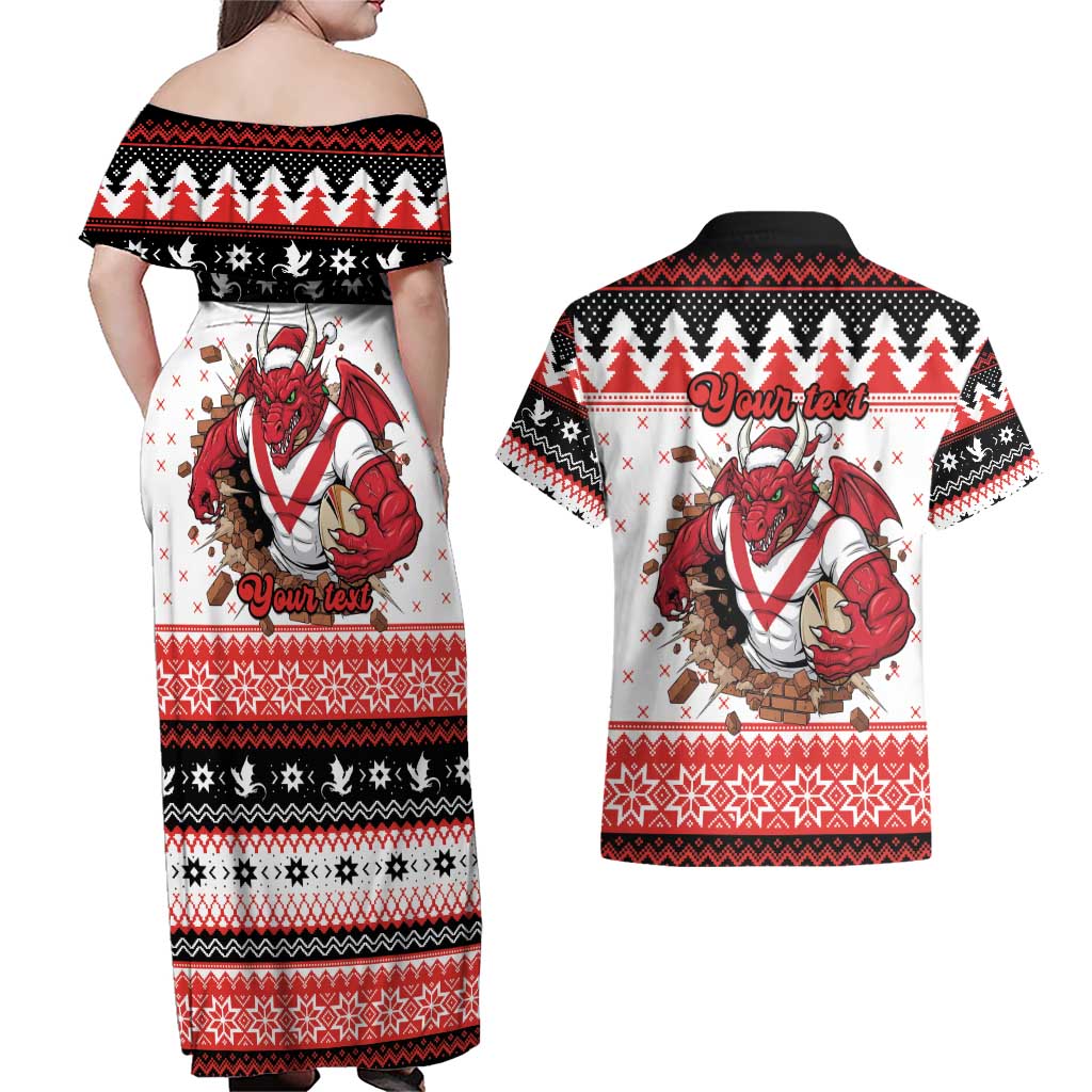 Illawarra Dragons Fire Personalised Couples Matching Off Shoulder Maxi Dress and Hawaiian Shirt Christmas Rugby League Spirit - Aussie Hoodie