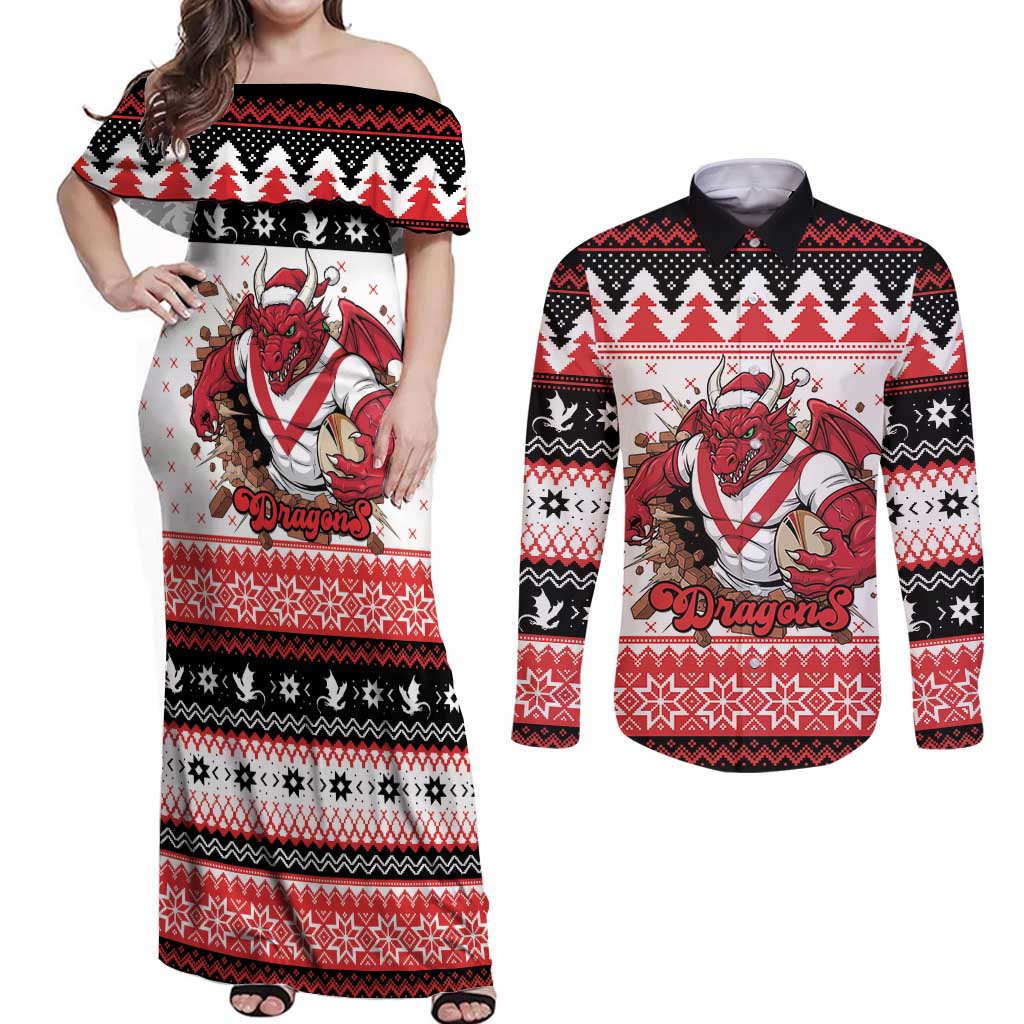Illawarra Dragons Fire Personalised Couples Matching Off Shoulder Maxi Dress and Long Sleeve Button Shirt Christmas Rugby League Spirit - Aussie Hoodie