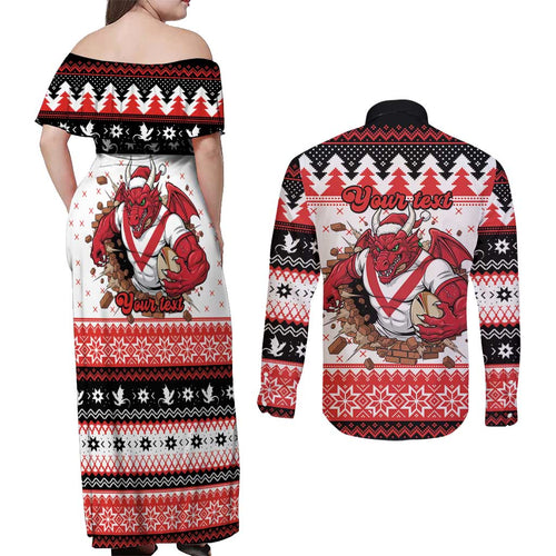 Illawarra Dragons Fire Personalised Couples Matching Off Shoulder Maxi Dress and Long Sleeve Button Shirt Christmas Rugby League Spirit - Aussie Hoodie