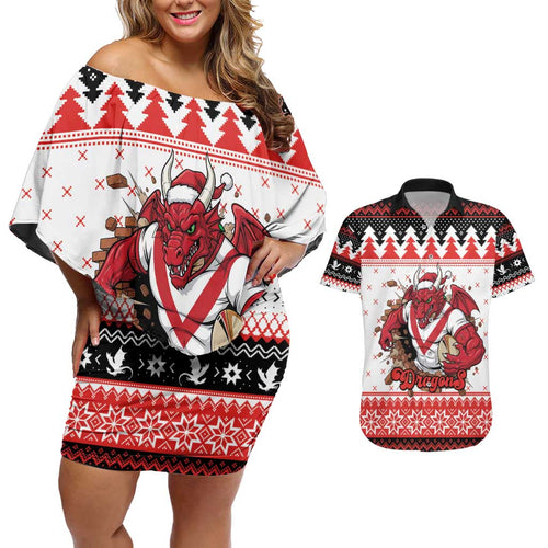 Illawarra Dragons Fire Personalised Couples Matching Off Shoulder Short Dress and Hawaiian Shirt Christmas Rugby League Spirit - Aussie Hoodie