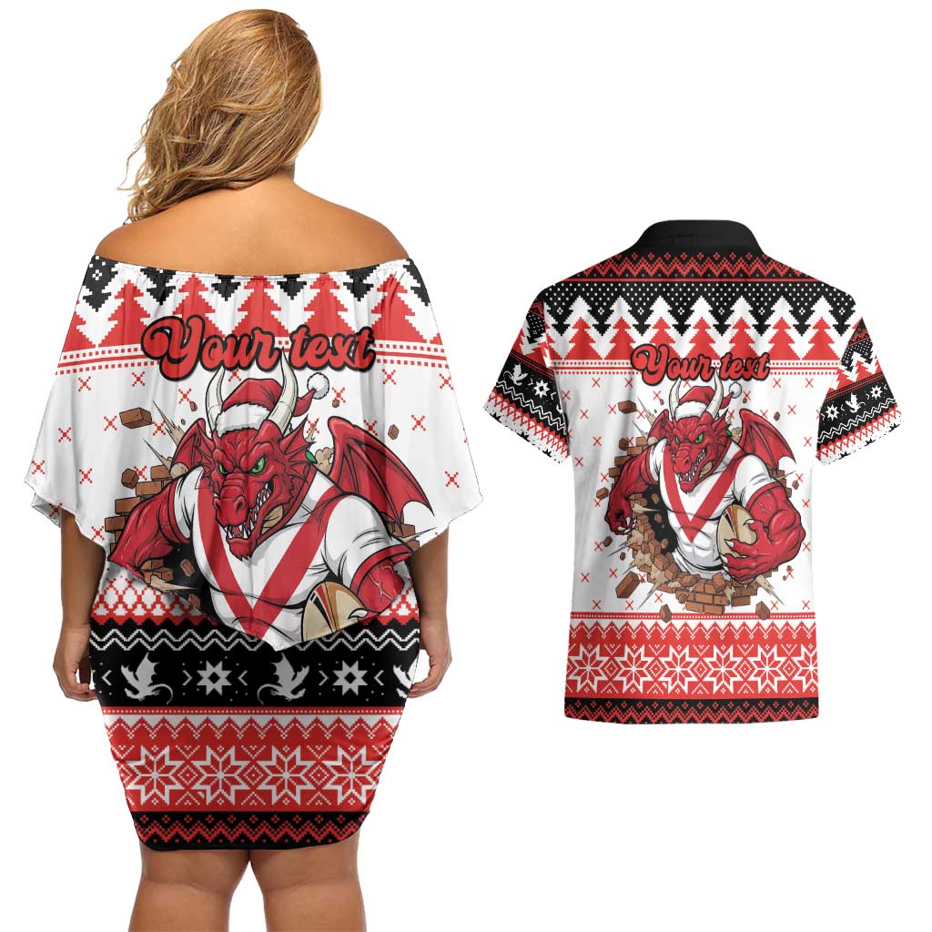 Illawarra Dragons Fire Personalised Couples Matching Off Shoulder Short Dress and Hawaiian Shirt Christmas Rugby League Spirit - Aussie Hoodie