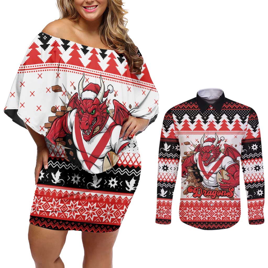 Illawarra Dragons Fire Personalised Couples Matching Off Shoulder Short Dress and Long Sleeve Button Shirt Christmas Rugby League Spirit - Aussie Hoodie