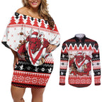 Illawarra Dragons Fire Personalised Couples Matching Off Shoulder Short Dress and Long Sleeve Button Shirt Christmas Rugby League Spirit - Aussie Hoodie