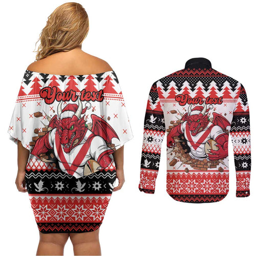 Illawarra Dragons Fire Personalised Couples Matching Off Shoulder Short Dress and Long Sleeve Button Shirt Christmas Rugby League Spirit - Aussie Hoodie