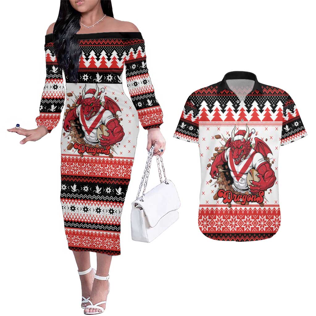 Illawarra Dragons Fire Personalised Couples Matching Off The Shoulder Long Sleeve Dress and Hawaiian Shirt Christmas Rugby League Spirit - Aussie Hoodie