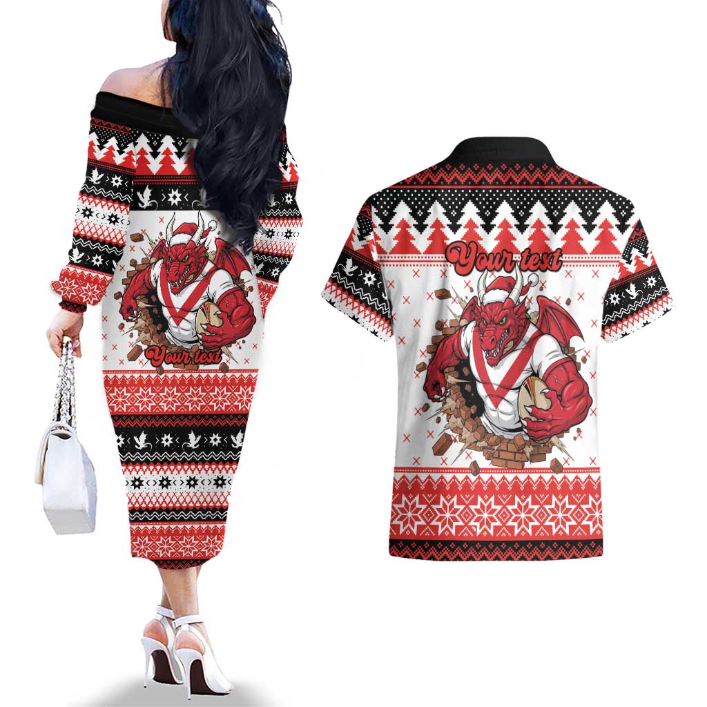 Illawarra Dragons Fire Personalised Couples Matching Off The Shoulder Long Sleeve Dress and Hawaiian Shirt Christmas Rugby League Spirit - Aussie Hoodie