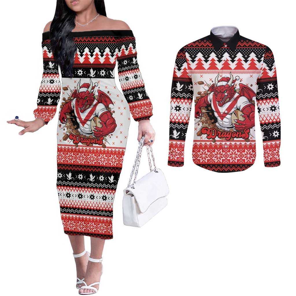 Illawarra Dragons Fire Personalised Couples Matching Off The Shoulder Long Sleeve Dress and Long Sleeve Button Shirt Christmas Rugby League Spirit - Aussie Hoodie