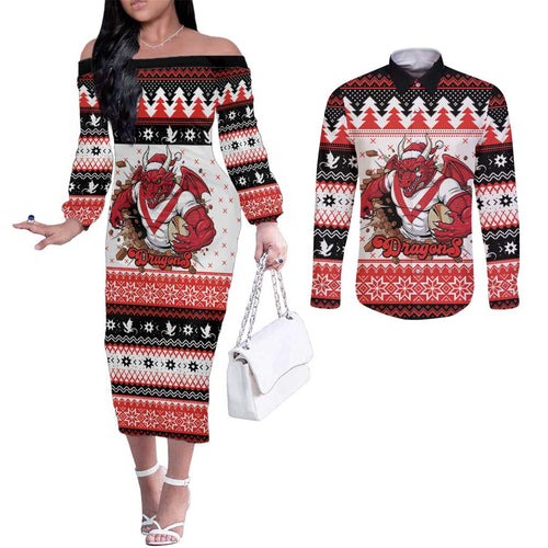 Illawarra Dragons Fire Personalised Couples Matching Off The Shoulder Long Sleeve Dress and Long Sleeve Button Shirt Christmas Rugby League Spirit - Aussie Hoodie