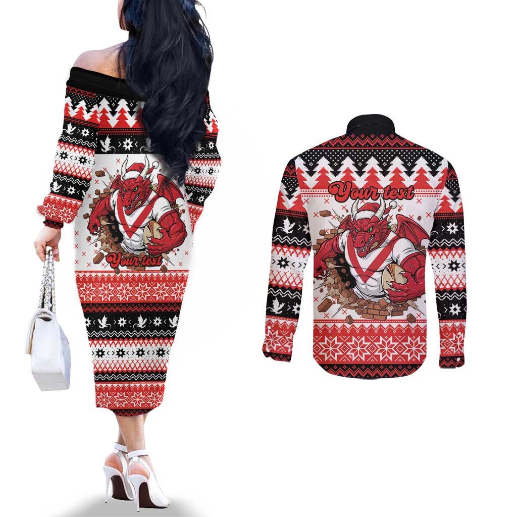Illawarra Dragons Fire Personalised Couples Matching Off The Shoulder Long Sleeve Dress and Long Sleeve Button Shirt Christmas Rugby League Spirit - Aussie Hoodie