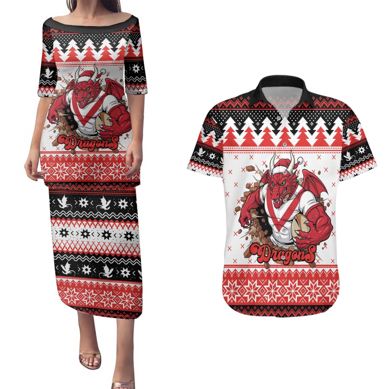Illawarra Dragons Fire Personalised Couples Matching Puletasi and Hawaiian Shirt Christmas Rugby League Spirit - Aussie Hoodie
