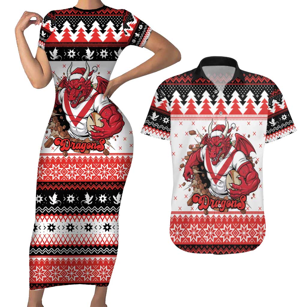 Illawarra Dragons Fire Personalised Couples Matching Short Sleeve Bodycon Dress and Hawaiian Shirt Christmas Rugby League Spirit - Aussie Hoodie