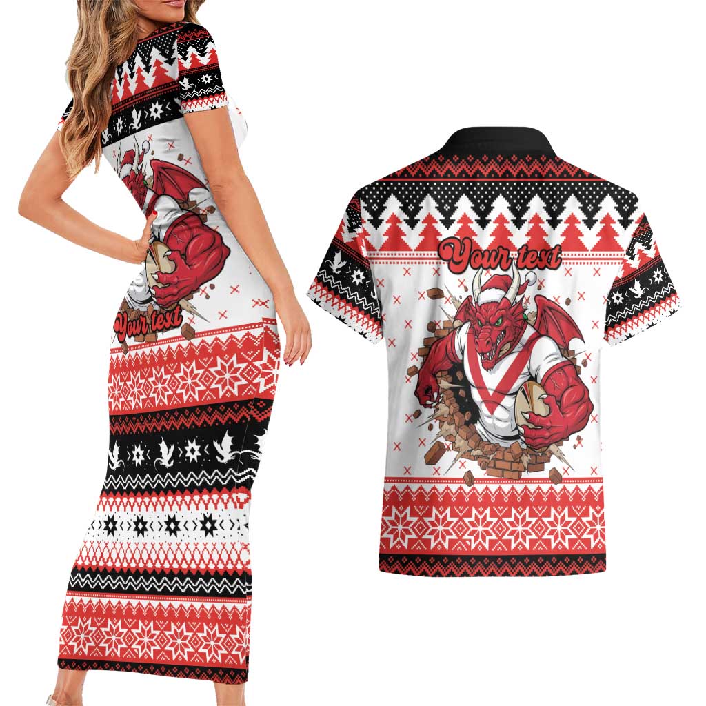 Illawarra Dragons Fire Personalised Couples Matching Short Sleeve Bodycon Dress and Hawaiian Shirt Christmas Rugby League Spirit - Aussie Hoodie