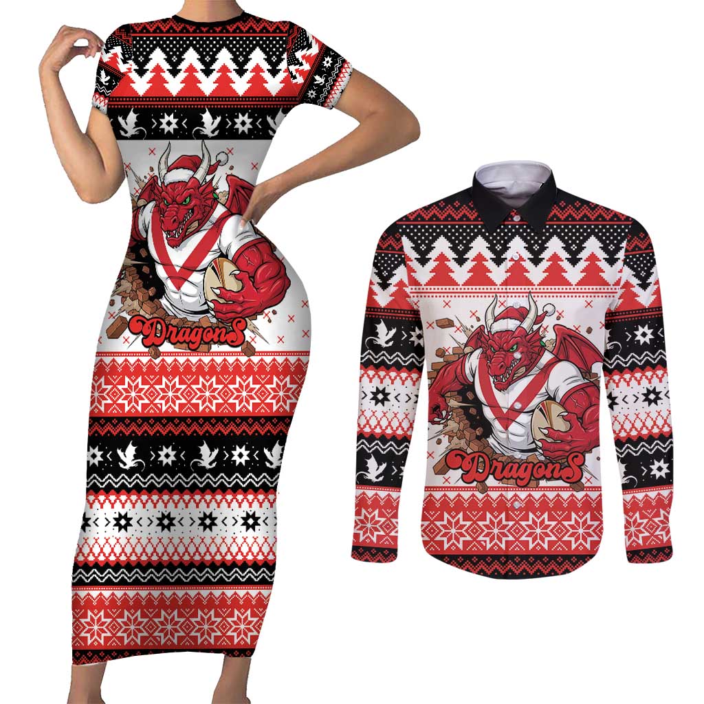 Illawarra Dragons Fire Personalised Couples Matching Short Sleeve Bodycon Dress and Long Sleeve Button Shirt Christmas Rugby League Spirit - Aussie Hoodie