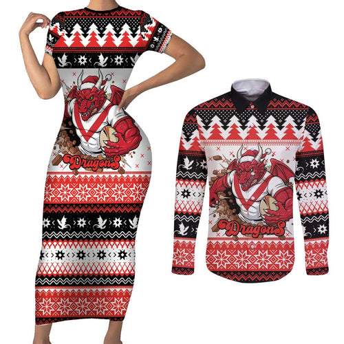 Illawarra Dragons Fire Personalised Couples Matching Short Sleeve Bodycon Dress and Long Sleeve Button Shirt Christmas Rugby League Spirit - Aussie Hoodie
