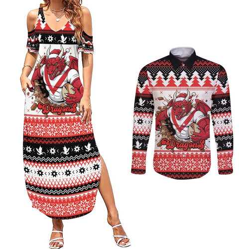 Illawarra Dragons Fire Personalised Couples Matching Summer Maxi Dress and Long Sleeve Button Shirt Christmas Rugby League Spirit - Aussie Hoodie