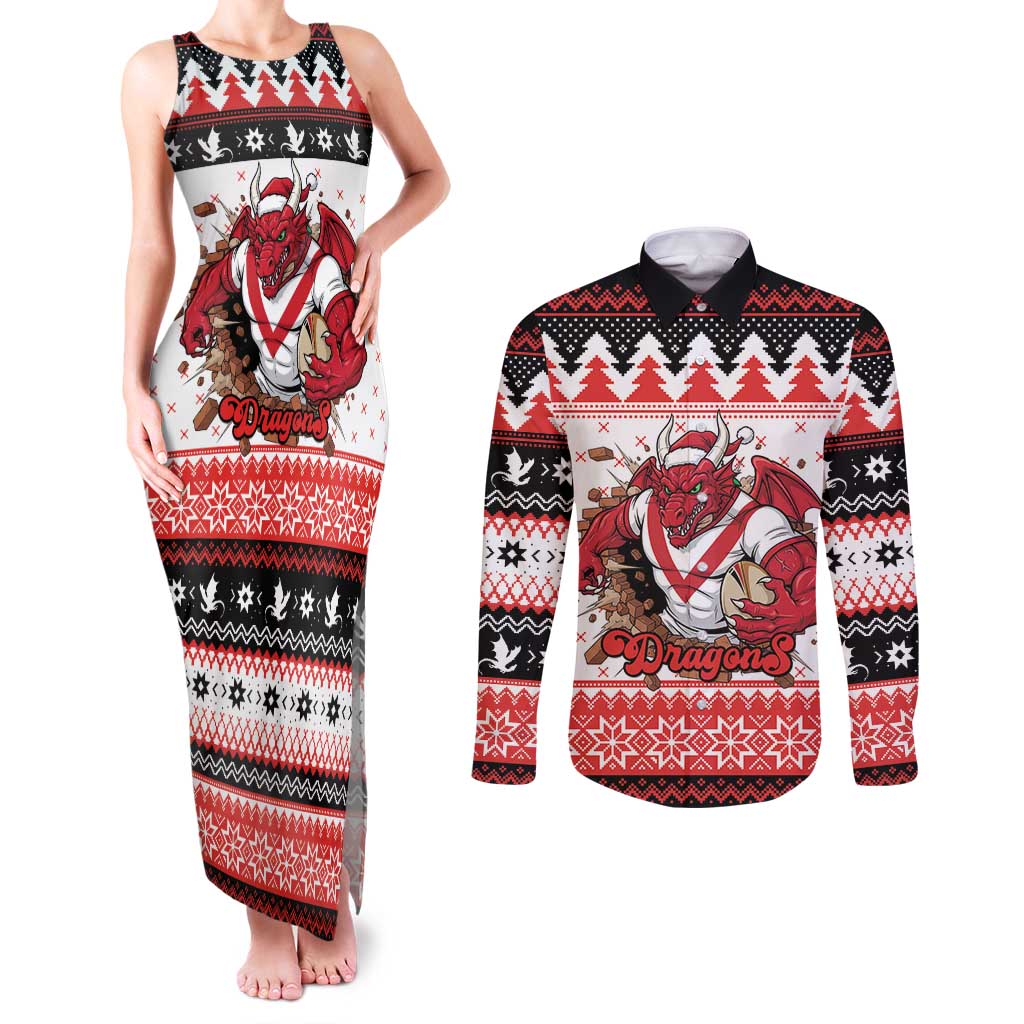 Illawarra Dragons Fire Personalised Couples Matching Tank Maxi Dress and Long Sleeve Button Shirt Christmas Rugby League Spirit - Aussie Hoodie