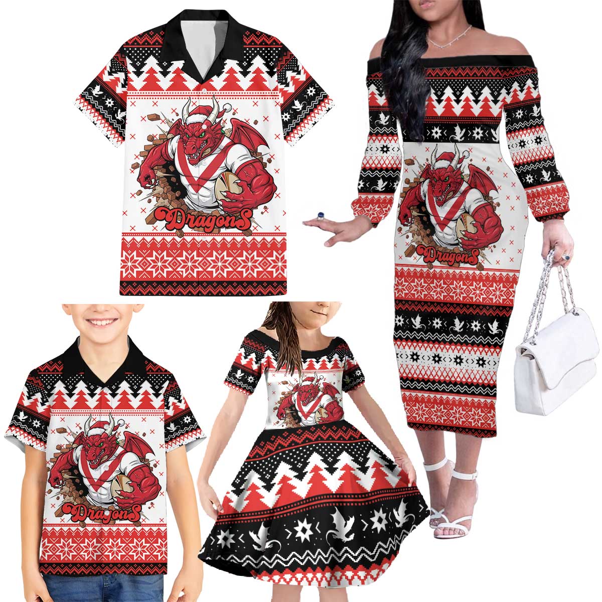 Illawarra Dragons Fire Personalised Family Matching Off The Shoulder Long Sleeve Dress and Hawaiian Shirt Christmas Rugby League Spirit - Aussie Hoodie