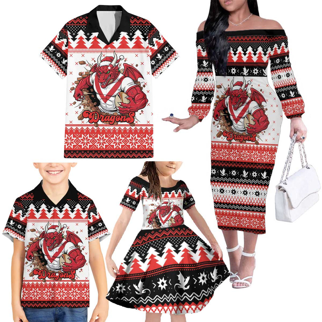 Illawarra Dragons Fire Personalised Family Matching Off The Shoulder Long Sleeve Dress and Hawaiian Shirt Christmas Rugby League Spirit - Aussie Hoodie