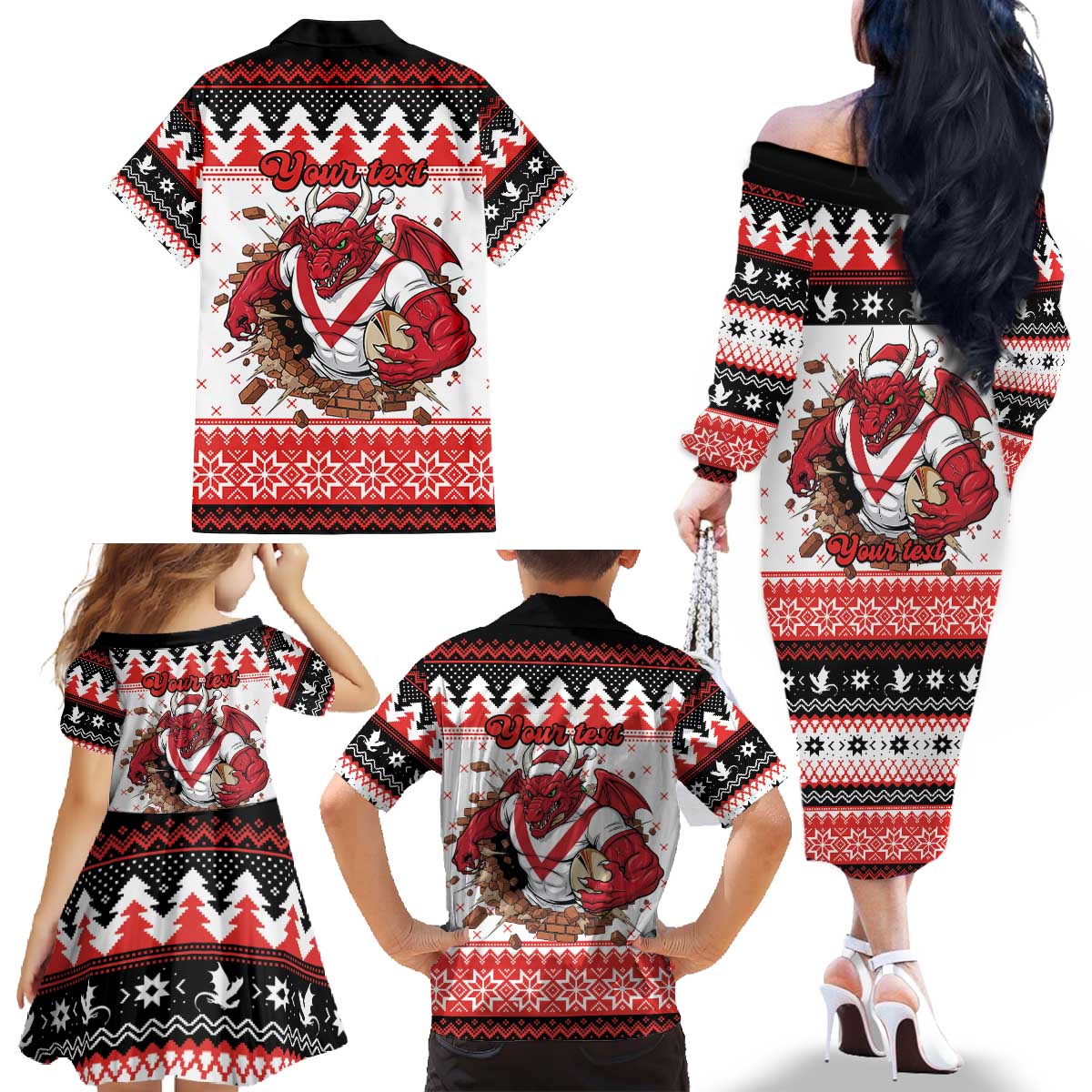 Illawarra Dragons Fire Personalised Family Matching Off The Shoulder Long Sleeve Dress and Hawaiian Shirt Christmas Rugby League Spirit - Aussie Hoodie