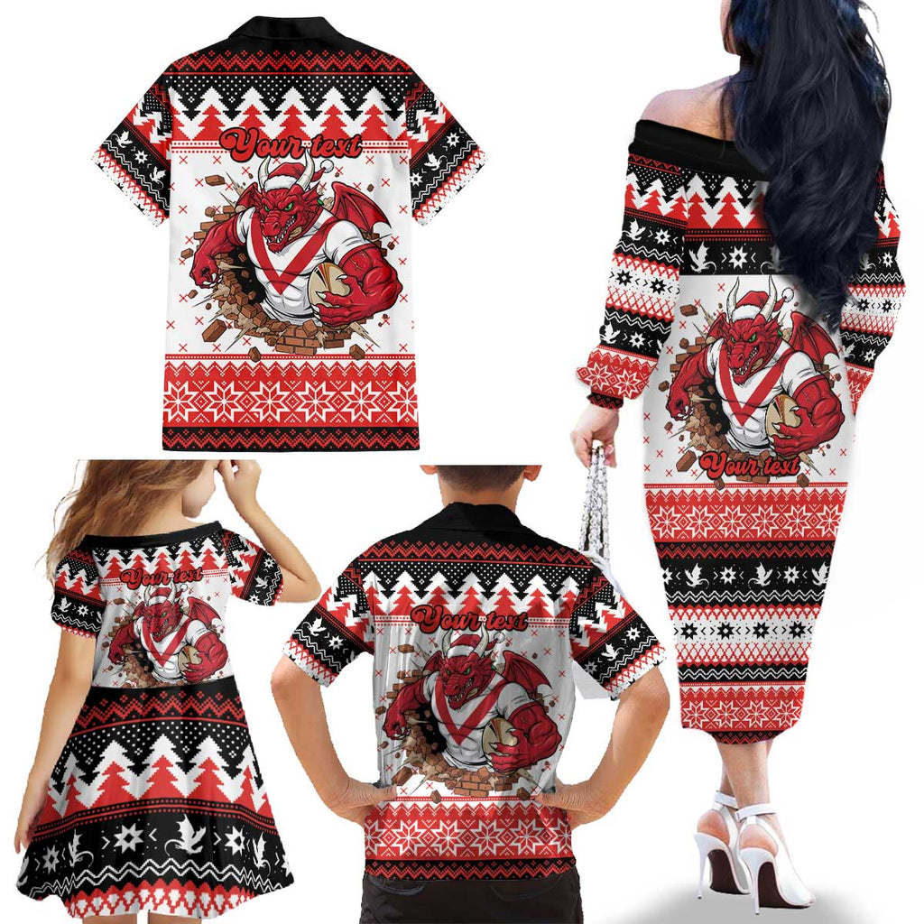 Illawarra Dragons Fire Personalised Family Matching Off The Shoulder Long Sleeve Dress and Hawaiian Shirt Christmas Rugby League Spirit - Aussie Hoodie