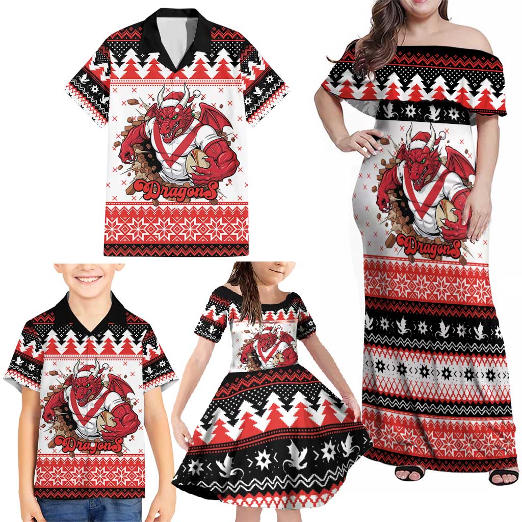 Illawarra Dragons Fire Personalised Family Matching Off Shoulder Maxi Dress and Hawaiian Shirt Christmas Rugby League Spirit - Aussie Hoodie