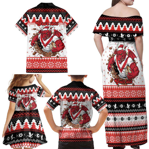 Illawarra Dragons Fire Personalised Family Matching Off Shoulder Maxi Dress and Hawaiian Shirt Christmas Rugby League Spirit - Aussie Hoodie