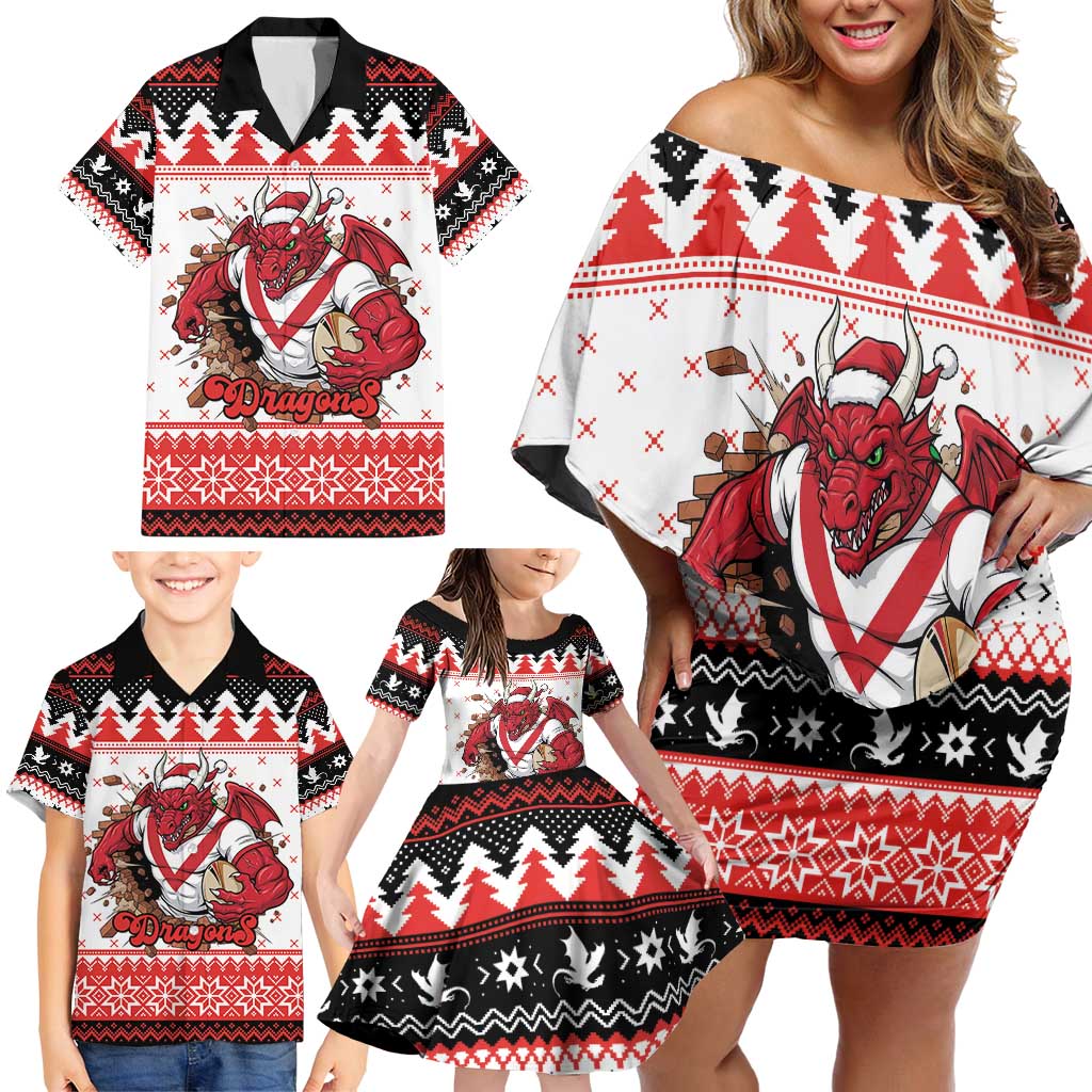 Illawarra Dragons Fire Personalised Family Matching Off Shoulder Short Dress and Hawaiian Shirt Christmas Rugby League Spirit - Aussie Hoodie