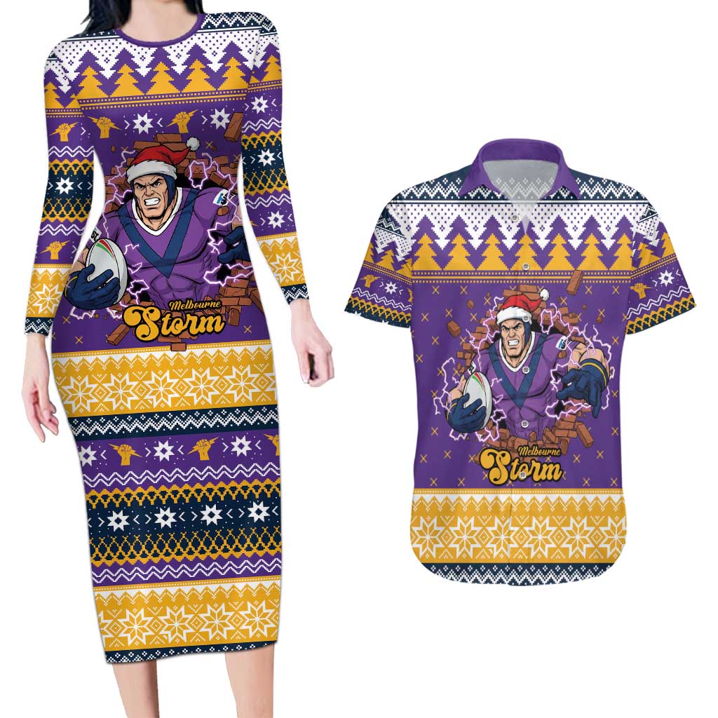 Melbourne Thunderbolt Santa Personalised Couples Matching Long Sleeve Bodycon Dress and Hawaiian Shirt Christmas Rugby League Spirit - Aussie Hoodie