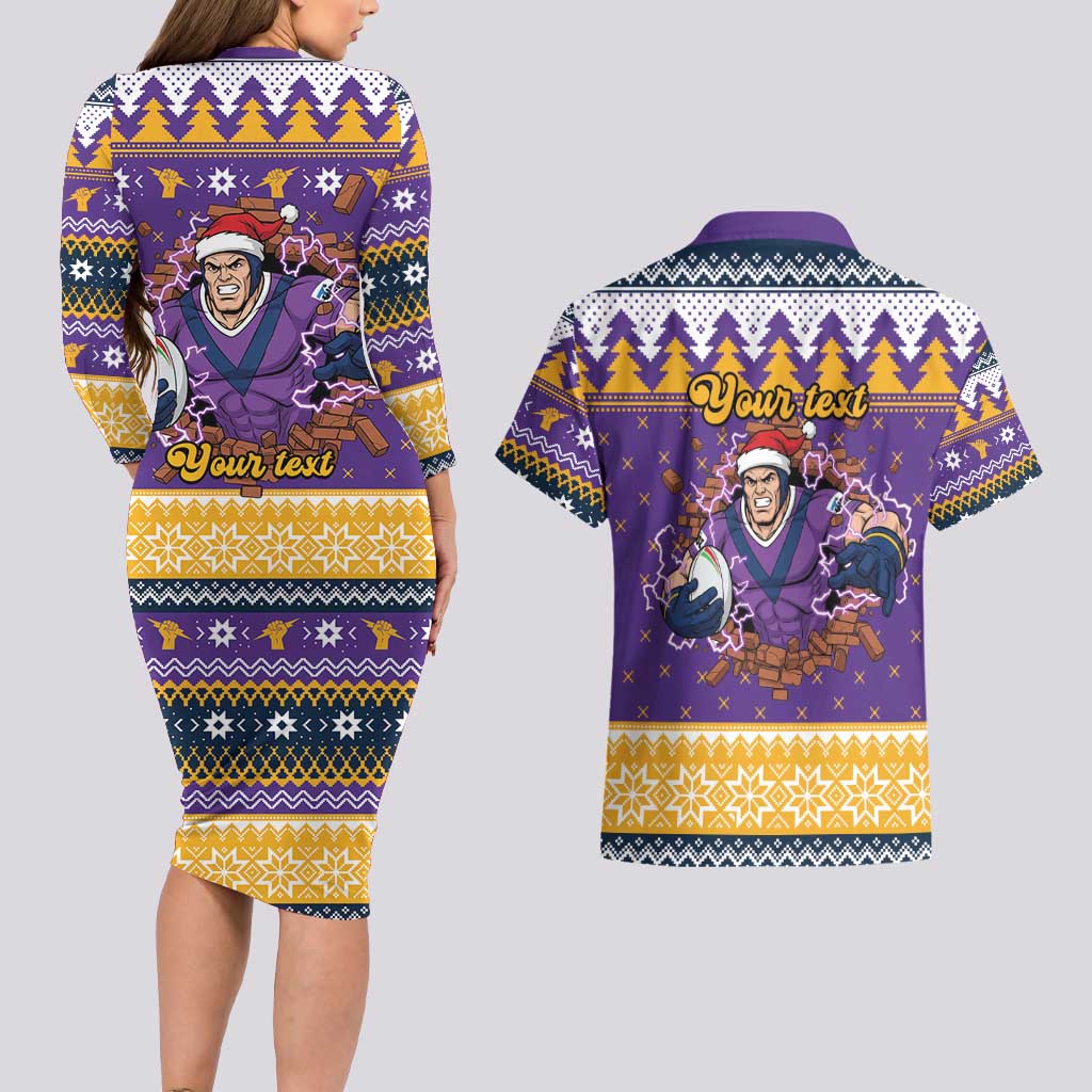 Melbourne Thunderbolt Santa Personalised Couples Matching Long Sleeve Bodycon Dress and Hawaiian Shirt Christmas Rugby League Spirit - Aussie Hoodie