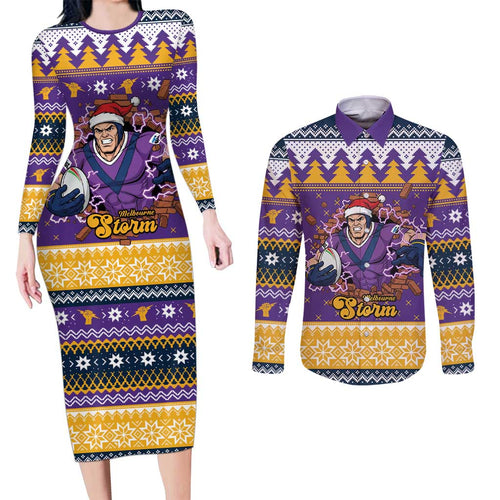 Melbourne Thunderbolt Santa Personalised Couples Matching Long Sleeve Bodycon Dress and Long Sleeve Button Shirt Christmas Rugby League Spirit - Aussie Hoodie