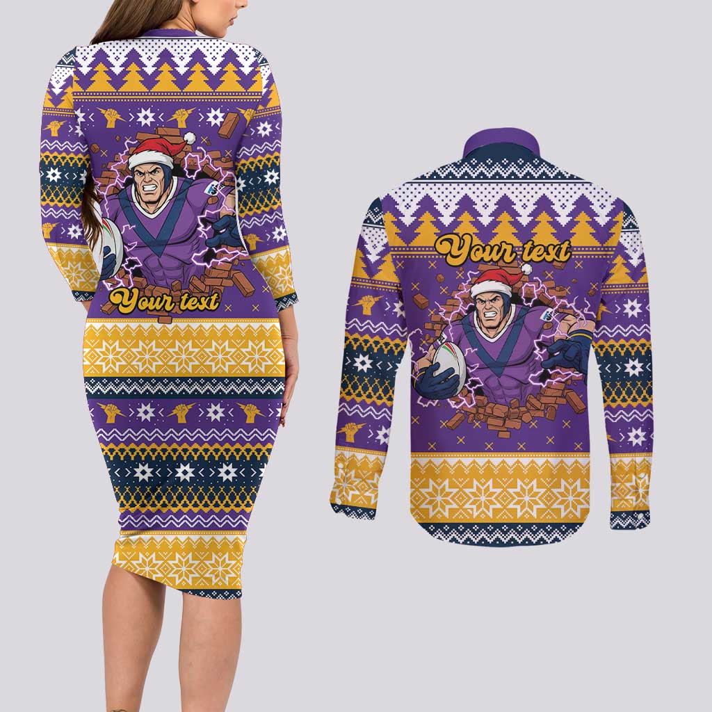 Melbourne Thunderbolt Santa Personalised Couples Matching Long Sleeve Bodycon Dress and Long Sleeve Button Shirt Christmas Rugby League Spirit - Aussie Hoodie