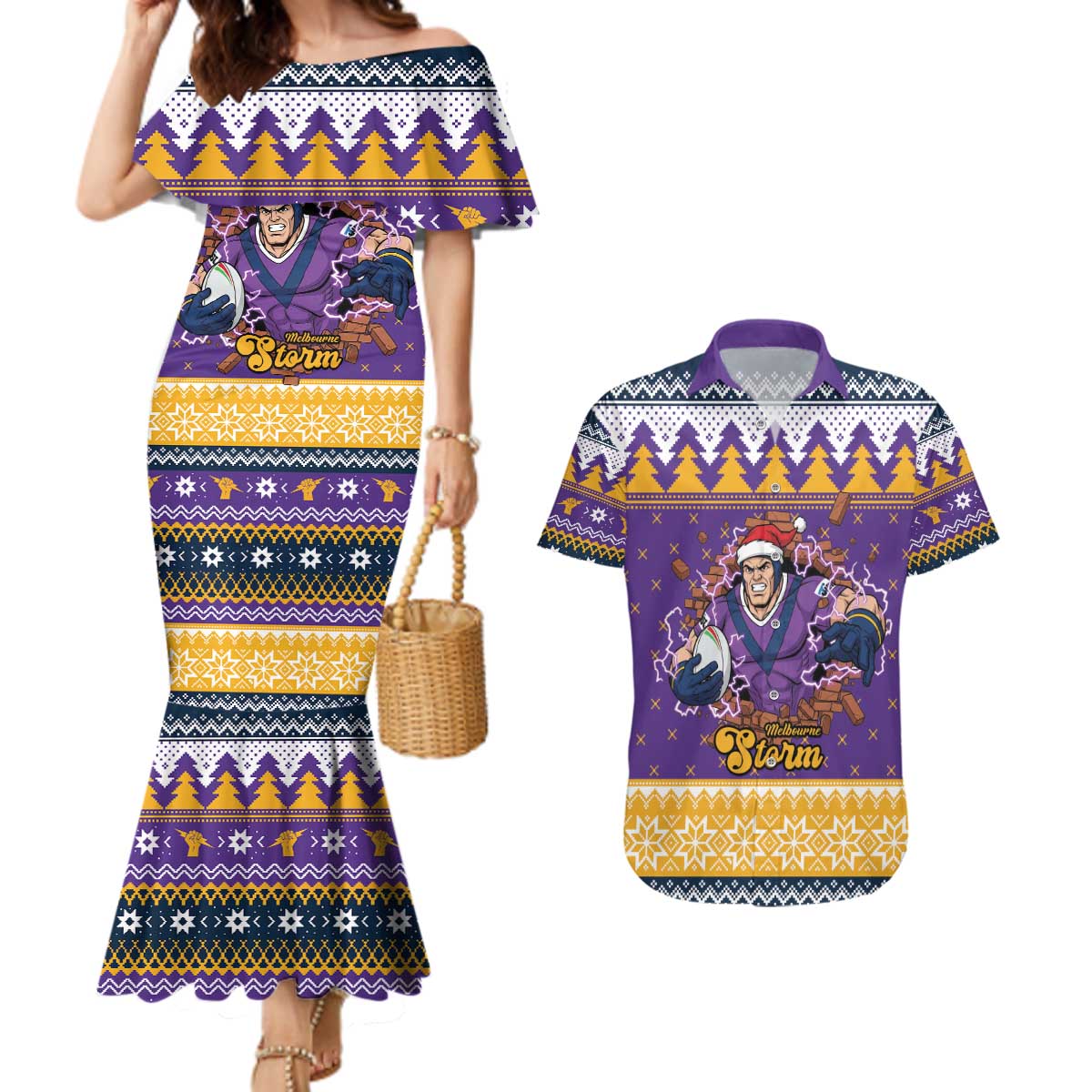 Melbourne Thunderbolt Santa Personalised Couples Matching Mermaid Dress and Hawaiian Shirt Christmas Rugby League Spirit - Aussie Hoodie