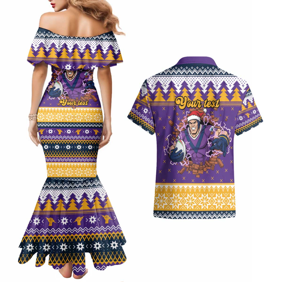 Melbourne Thunderbolt Santa Personalised Couples Matching Mermaid Dress and Hawaiian Shirt Christmas Rugby League Spirit - Aussie Hoodie