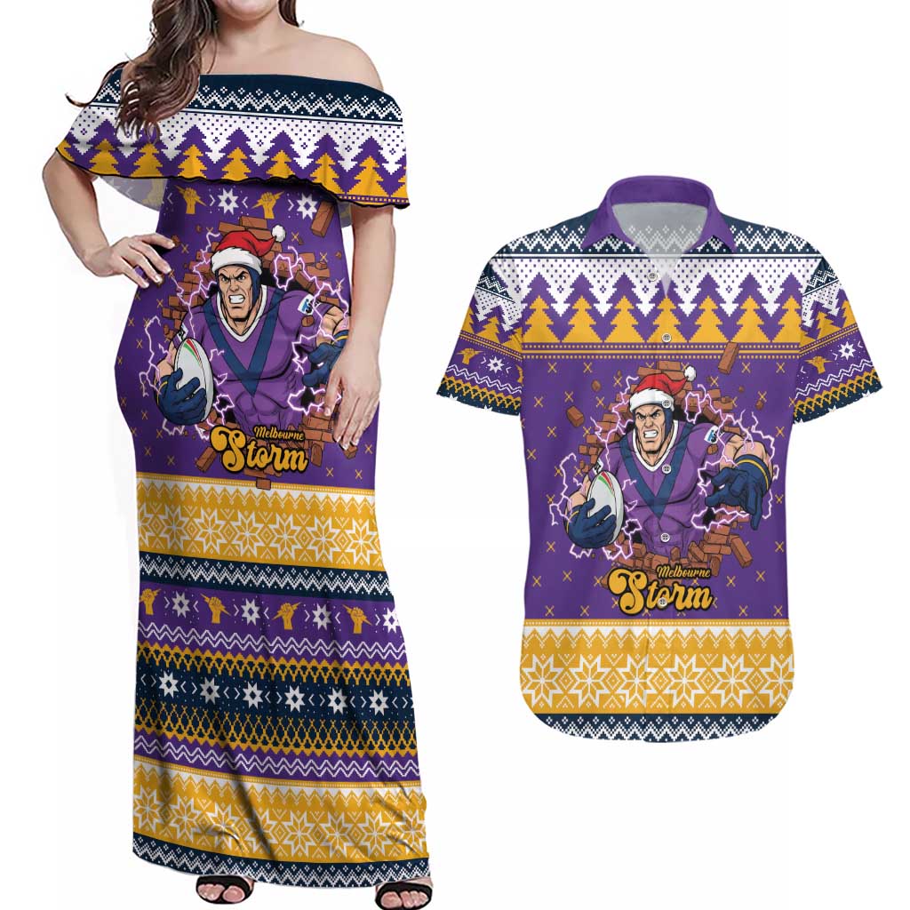 Melbourne Thunderbolt Santa Personalised Couples Matching Off Shoulder Maxi Dress and Hawaiian Shirt Christmas Rugby League Spirit - Aussie Hoodie