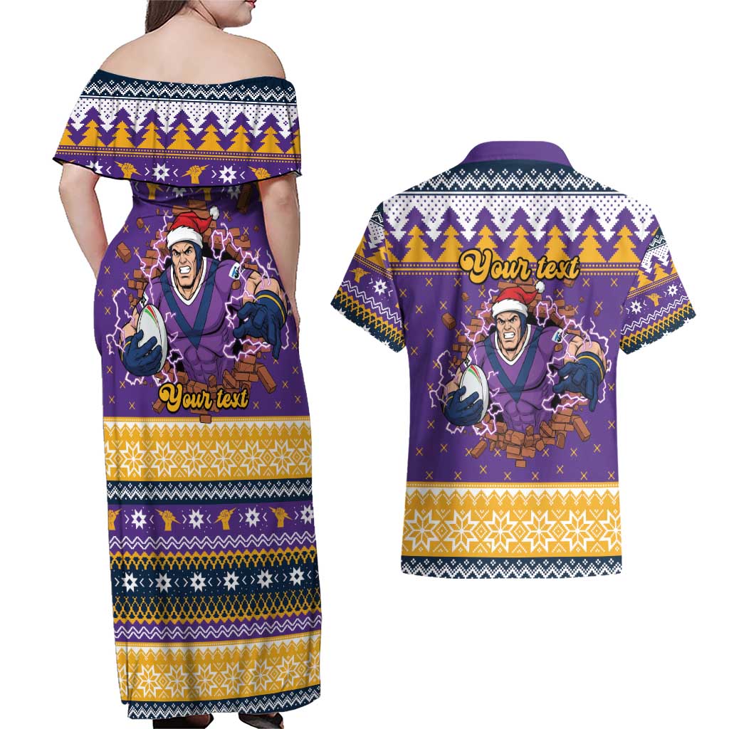 Melbourne Thunderbolt Santa Personalised Couples Matching Off Shoulder Maxi Dress and Hawaiian Shirt Christmas Rugby League Spirit - Aussie Hoodie