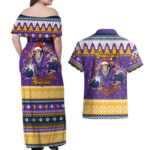 Melbourne Thunderbolt Santa Personalised Couples Matching Off Shoulder Maxi Dress and Hawaiian Shirt Christmas Rugby League Spirit - Aussie Hoodie