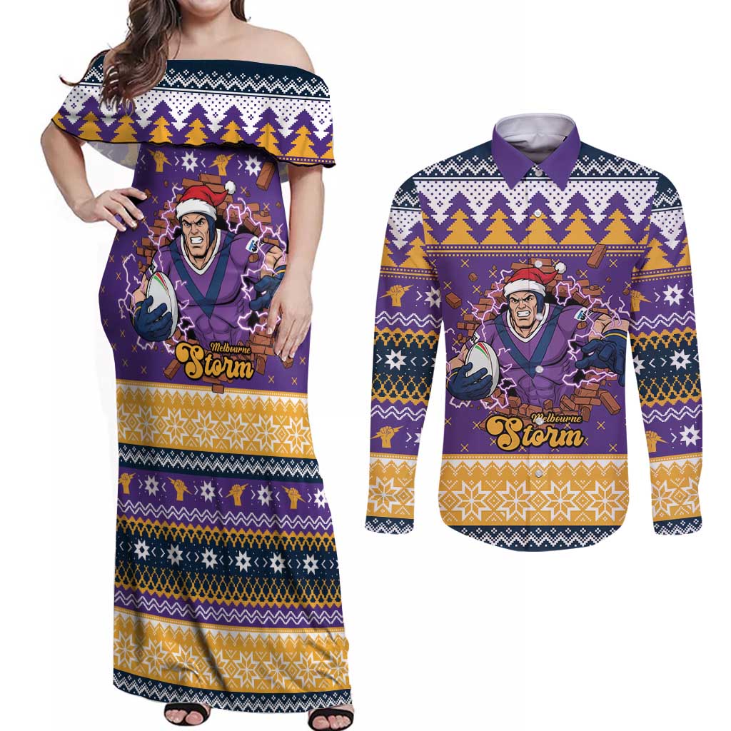 Melbourne Thunderbolt Santa Personalised Couples Matching Off Shoulder Maxi Dress and Long Sleeve Button Shirt Christmas Rugby League Spirit - Aussie Hoodie