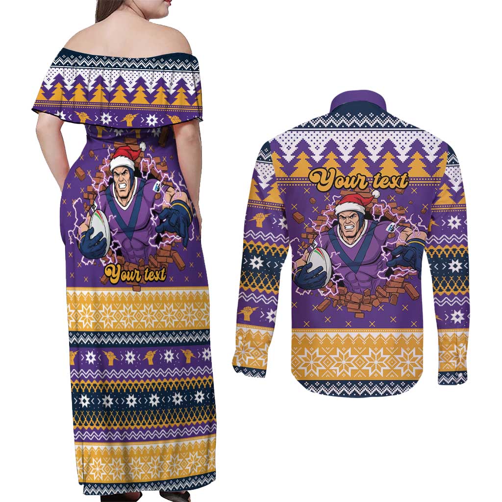 Melbourne Thunderbolt Santa Personalised Couples Matching Off Shoulder Maxi Dress and Long Sleeve Button Shirt Christmas Rugby League Spirit - Aussie Hoodie