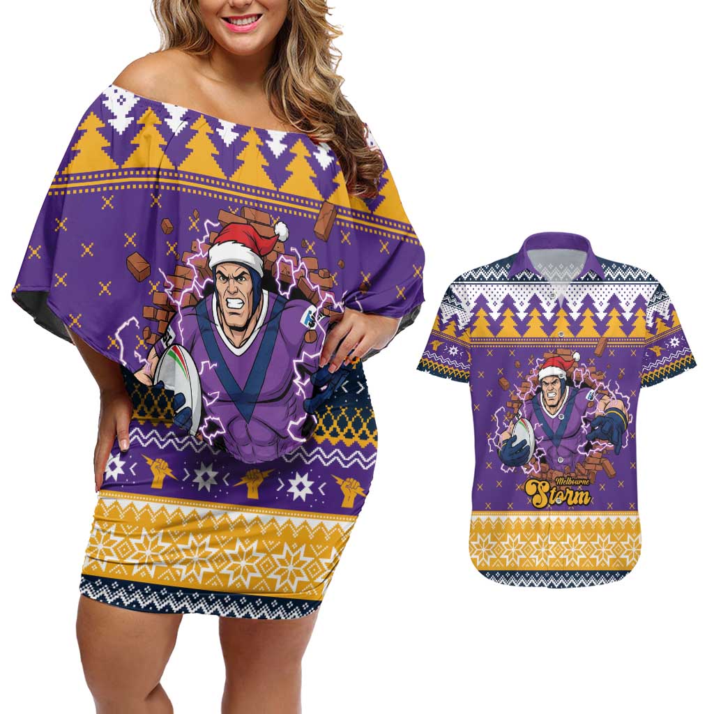 Melbourne Thunderbolt Santa Personalised Couples Matching Off Shoulder Short Dress and Hawaiian Shirt Christmas Rugby League Spirit - Aussie Hoodie