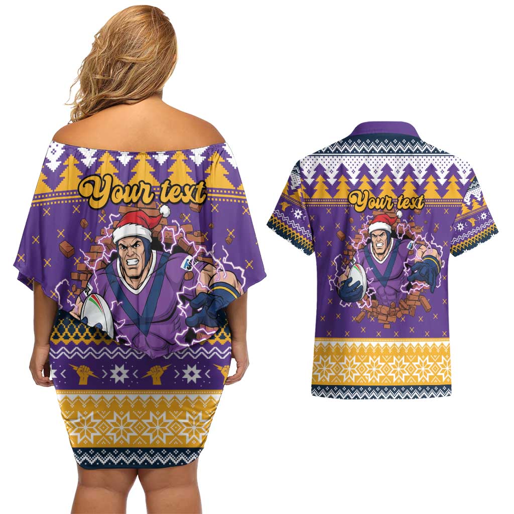Melbourne Thunderbolt Santa Personalised Couples Matching Off Shoulder Short Dress and Hawaiian Shirt Christmas Rugby League Spirit - Aussie Hoodie