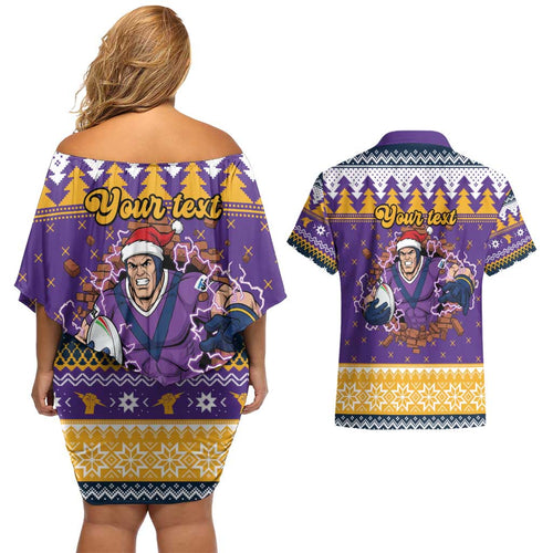 Melbourne Thunderbolt Santa Personalised Couples Matching Off Shoulder Short Dress and Hawaiian Shirt Christmas Rugby League Spirit - Aussie Hoodie